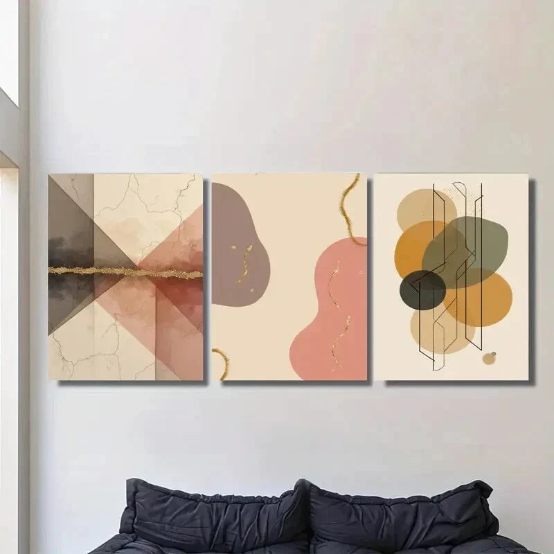 3pcs Modern Abstract Geometric Shapes & Golden Metal Print Ready to Hang Art