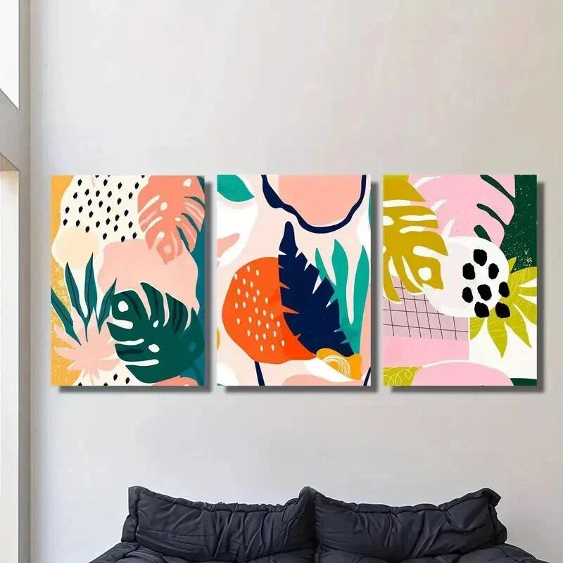 3pcs Cartoon Tropical Plant Leaf Ink Painting Wall Art Set Canvas Framed 40x60cm - High Quality Print 100% Australian Made Wall Canvas Ready to Hang