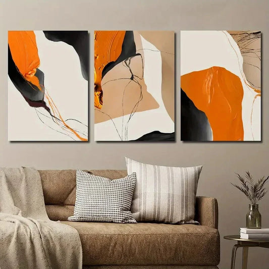3pcs Modern Orange and Black Abstract Line Metal Print Ready to Hang Art