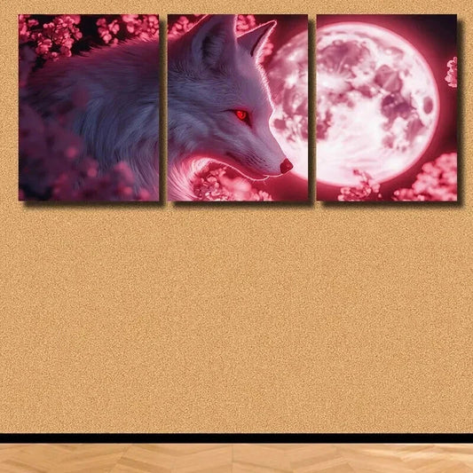 3pcs Striking White Fox & Red Eyes Wall Art Set Canvas Framed 40x60cm - High Quality Print 100% Australian Made Wall Canvas Ready to Hang