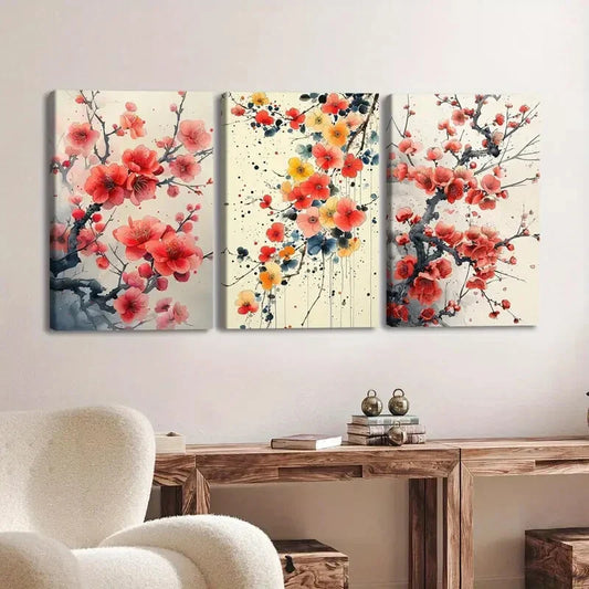 3pcs Vibrant Floral Red & Yellow Blue White Tree Wall Art Set Canvas Framed 40x60cm - High Quality Print 100% Australian Made Wall Canvas Ready to Hang