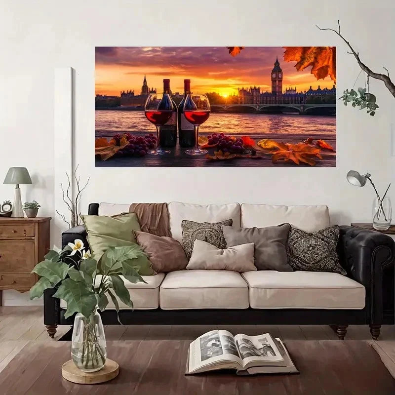 London Sunset Wine Glasses Wall Art Canvas Office Home Room Framed 80x45cm