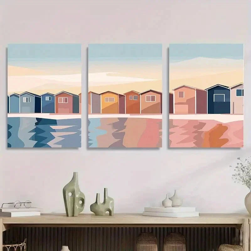3pcs Modern Coastal Beach Houses Geometric Metal Print Ready to Hang Art