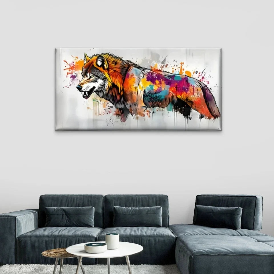 Vibrant Abstract Wolf Colorful Wall Art Canvas Office Home Room Framed 80x45cm