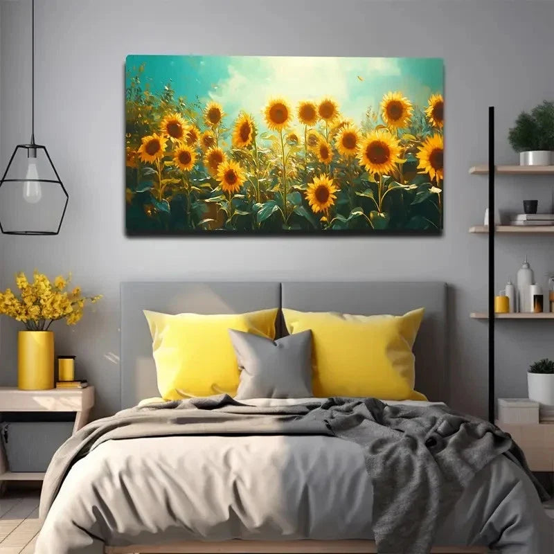 Vibrant Sunflower Field Wall Art Canvas Office Home Room Framed 80x45cm