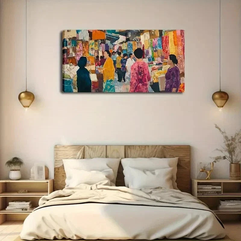 Vibrant Market Scene Wall Art Canvas Office Home Room Framed 80x45cm