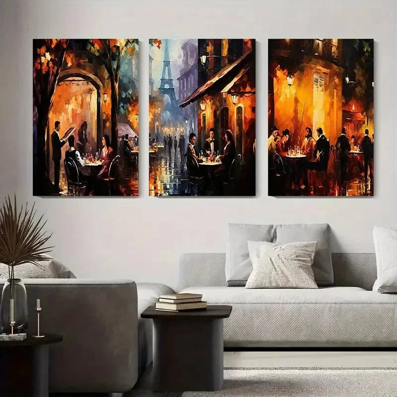 3pcs Romantic Night Cityscape Dining Scenes Metal Print Ready to Hang Art