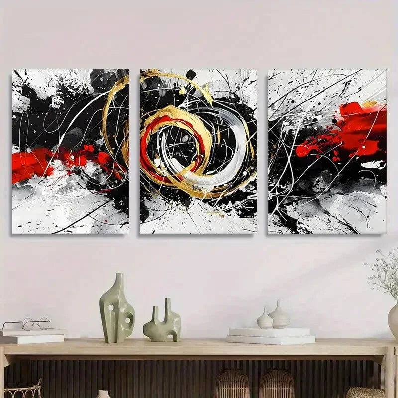 3pcs Modern Abstract Black, Red, and Golden Metal Print Ready to Hang Art