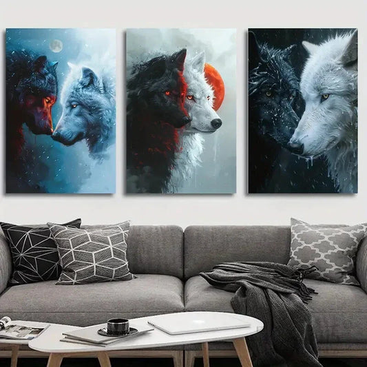 3pcs Black and White Wolf Stunning Red Eyes Metal Print Ready to Hang Art