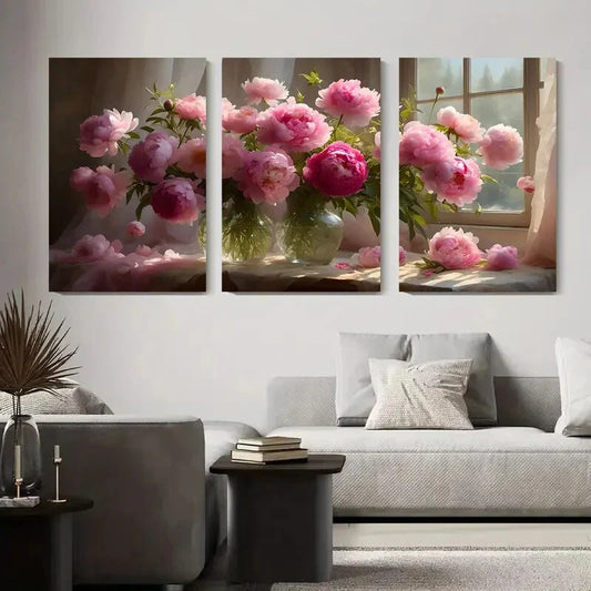 3pcs Pink Peony Vase Triptych Metal Print Ready to Hang Art