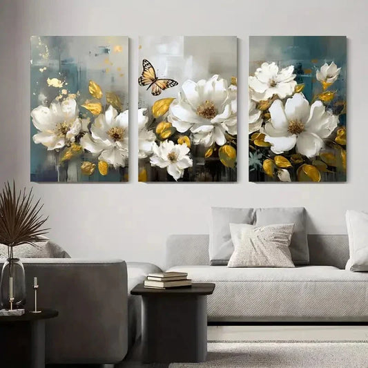 3pcs Elegant White Flowers & Butterfly Metal Print Ready to Hang Art