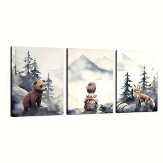 3pcs Bears Forest Wildlife & Mountain Peaks Wall Art Set Canvas Framed 40x60cm - High Quality Print 100% Australian Made Wall Canvas Ready to Hang