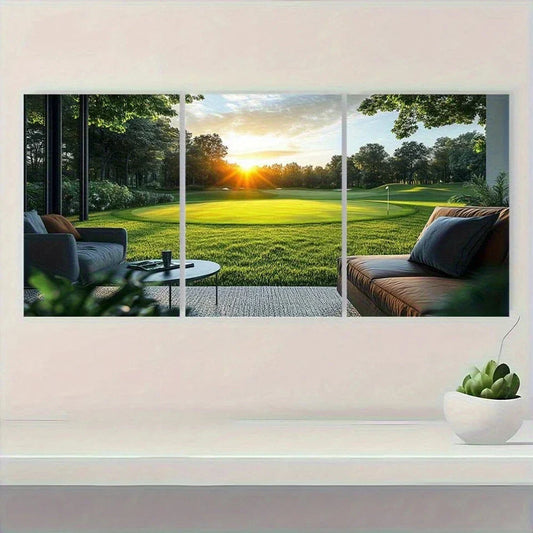 3pcs Vibrant Green Fairway & Sunset Scenery Metal Print Ready to Hang Art