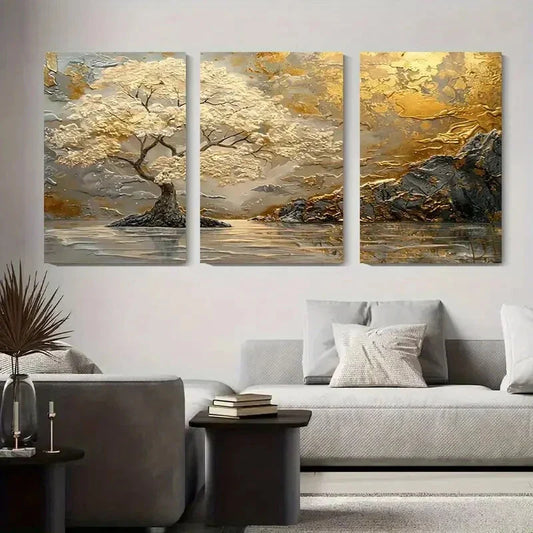 3pcs Golden Tree Reflection Modern Abstract Metal Print Ready to Hang Art