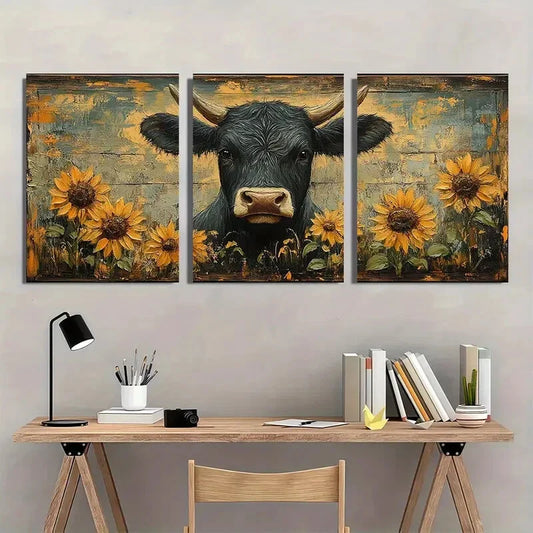 3pcs Rustic Cow Yellow Sunflower Metal Print Ready to Hang Art