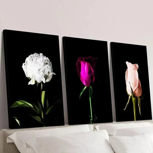 3pcs White Rose Purple Rose Pink Rose Botanical Wall Art Set Canvas Framed 40x60cm - High Quality Print 100% Australian Made Wall Canvas Ready to Hang