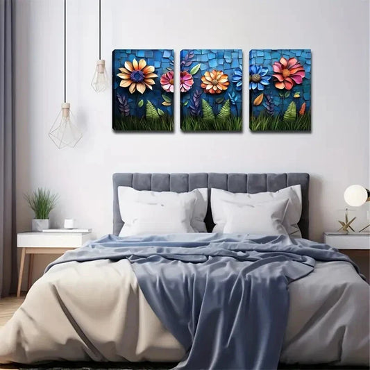3pcs Weird Flowers On Green Grass Modern Wall Art Set Canvas Framed 40x60cm - High Quality Print 100% Australian Made Wall Canvas Ready to Hang