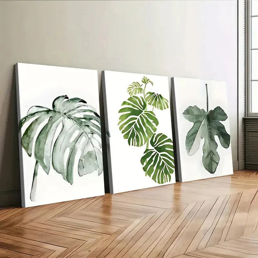3pcs Modern Fresh Green Leaves White Light Green Wall Art Set Canvas Framed 40x60cm - High Quality Print 100% Australian Made Wall Canvas Ready to Hang