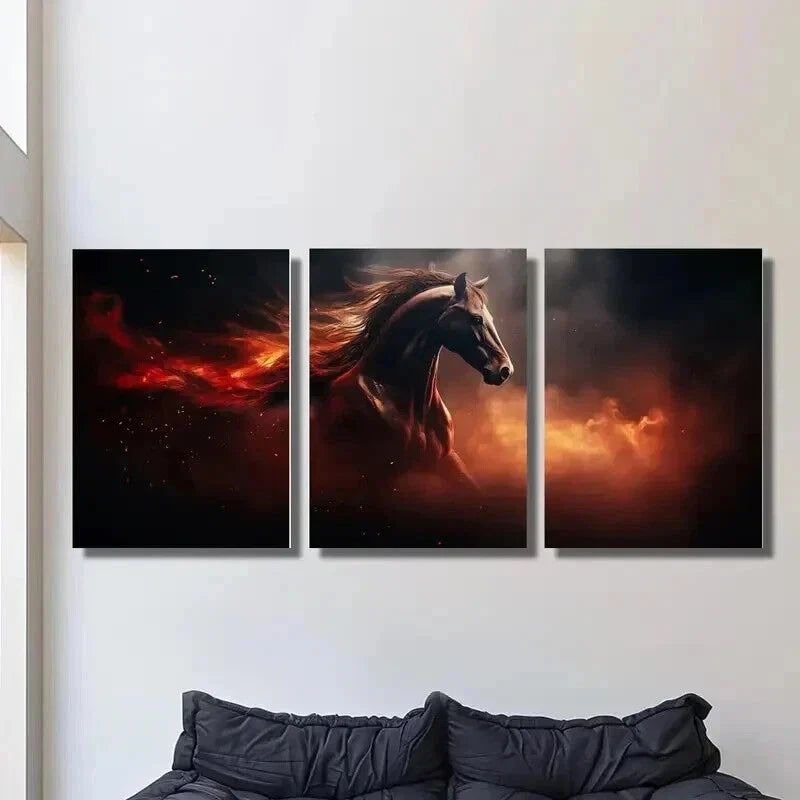 3pcs Brown Horse Running in Fire Flames Wall Art Set Canvas Framed 40x60cm - High Quality Print 100% Australian Made Wall Canvas Ready to Hang