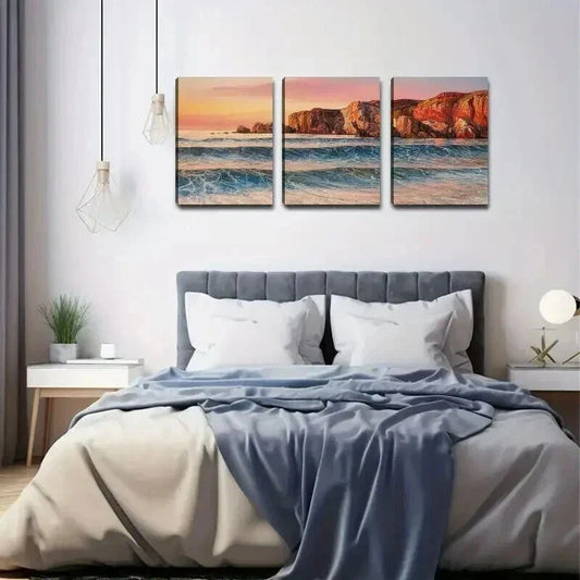 3pcs Vibrant Sunset Ocean Scene Coastal Decor Wall Art Set Canvas Framed 40x60cm - High Quality Print 100% Australian Made Wall Canvas Ready to Hang