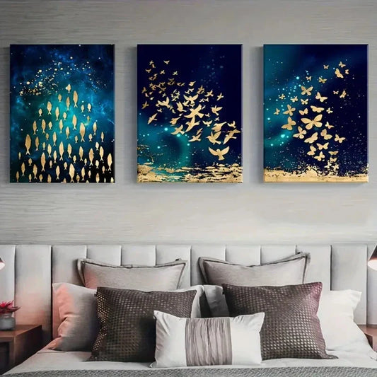3pcs Golden Butterfly, Fish, and Bird Metal Print Ready to Hang Art