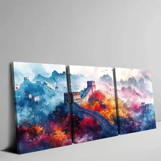 3pcs Ancient Great Wall of China Watercolor Wall Art Set Canvas Framed 40x60cm - High Quality Print 100% Australian Made Wall Canvas Ready to Hang