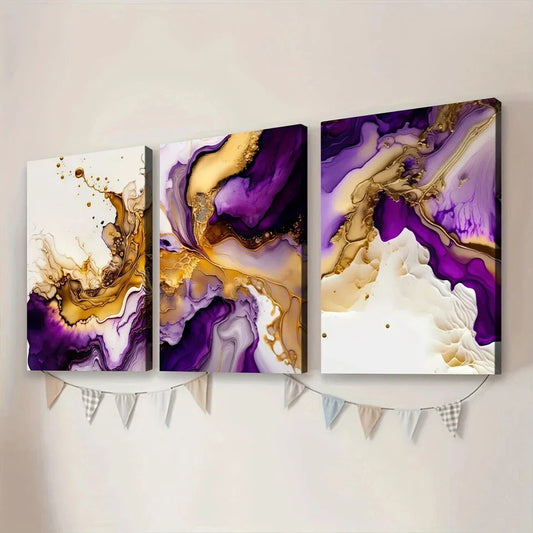 3pcs Purple Modern Abstract Modern Art Golden Wall Art Set Canvas Framed 40x60cm - High Quality Print 100% Australian Made Wall Canvas Ready to Hang