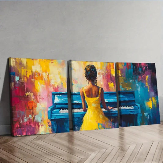 3pcs The Piano Player Colorful Music Themed Girl Art Set Canvas Framed 40x60cm - High Quality Print 100% Australian Made Wall Canvas Ready to Hang