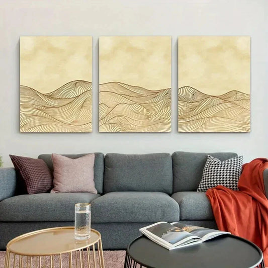 3pcs Wave Line Modern Beige Elegant Metal Print Ready to Hang Art