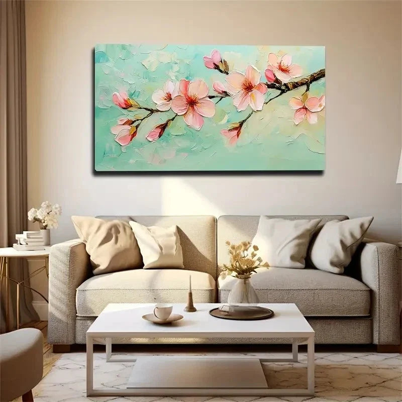 Pink Cherry Blossoms Soft Blue Wall Art Canvas Office Home Room Framed 120x60cm