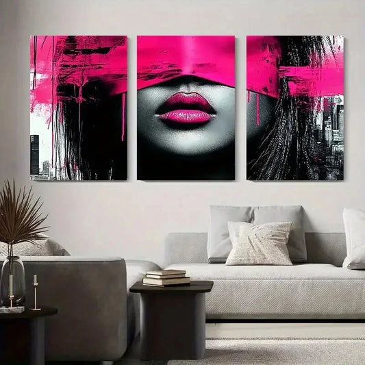 3pcs Vibrant Pink & Black Blindfolded Woman Metal Print Ready to Hang Art