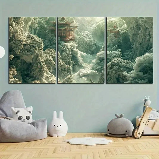 3pcs Mystical Mountain and Pagoda Scenery Metal Print Ready to Hang Art