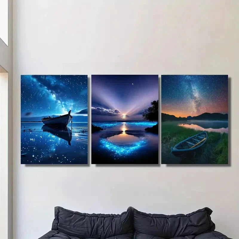 3pcs Starry Night Sky Blue Galaxy Landscape Metal Print Ready to Hang Art