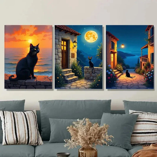 3pcs Black Cat Sunset & Moonlit Village Houses Wall Art Set Canvas Framed 40x60cm - High Quality Print 100% Australian Made Wall Canvas Ready to Hang