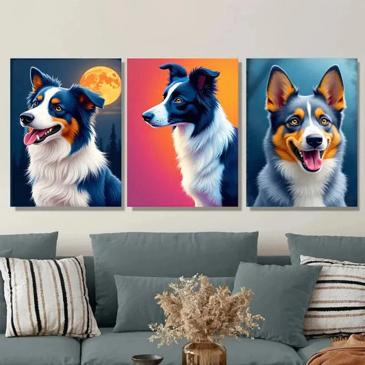 3pcs Colorful Border Collie Dog Moonlit Sky Metal Print Ready to Hang Art