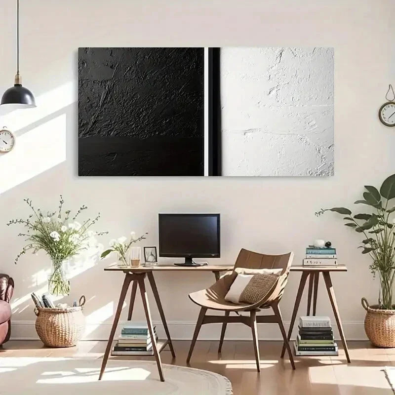 Black White Minimalist Texture Wall Art Canvas Office Home Room Framed 80x45cm