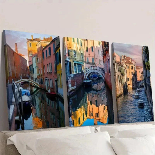 3pcs Vibrant Italian Buildings & Boats Wall Art Set Canvas Framed 40x60cm - High Quality Print 100% Australian Made Wall Canvas Ready to Hang
