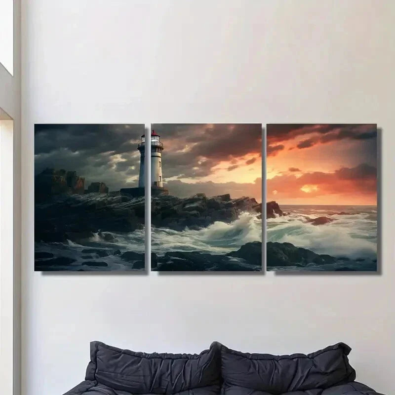 3pcs Stormy Sea Lighthouse Triptych Metal Print Ready to Hang Art