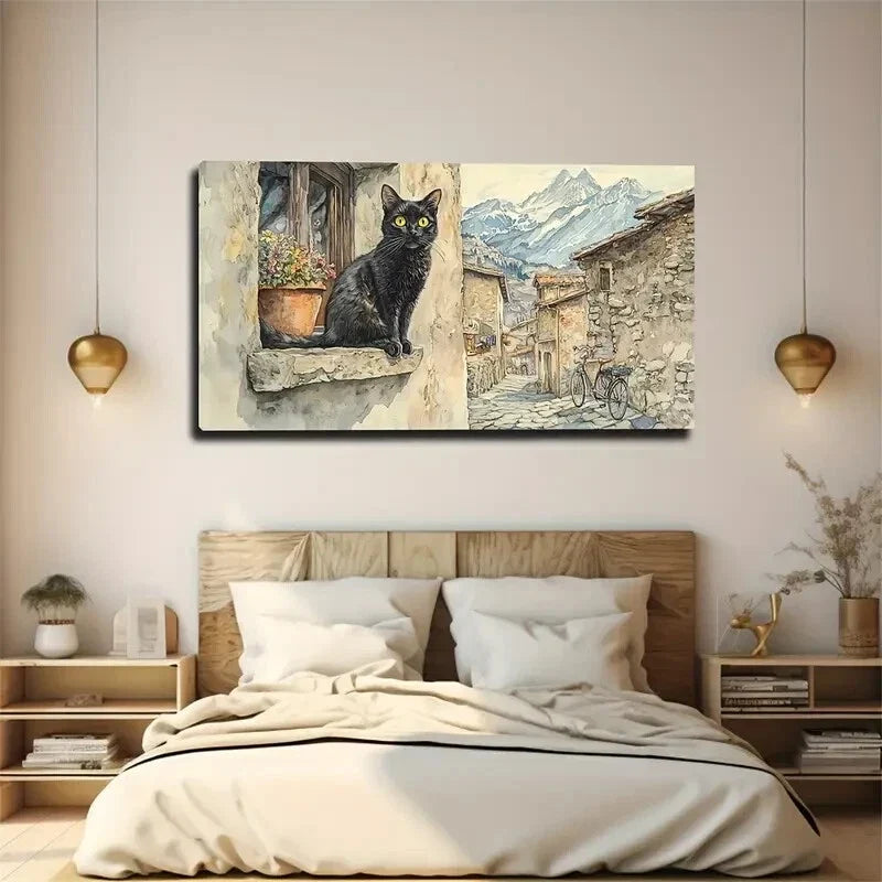 A Black Cat with Yellow Pupils Wall Art Canvas Office Home Room Framed 120x60cm