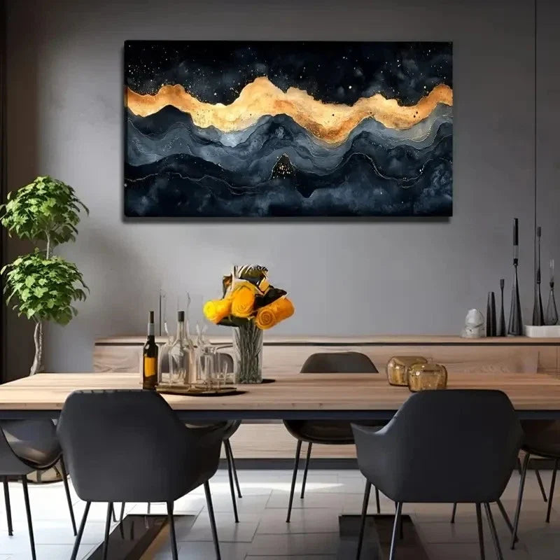 Golden Waves On Dark Night Sky Wall Art Canvas Office Home Room Framed 80x45cm