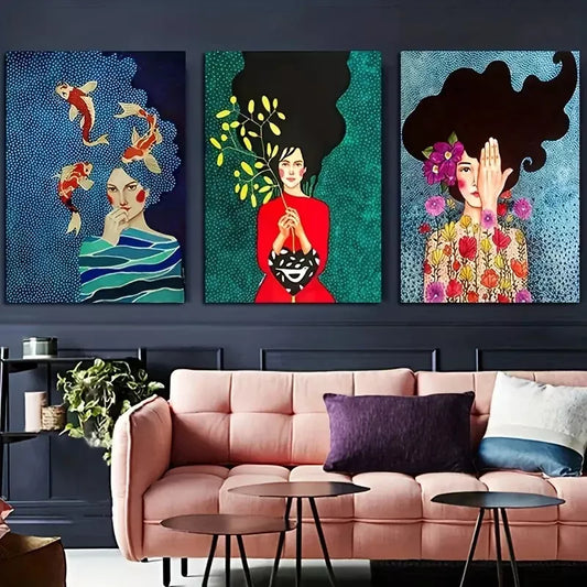 3pcs Vibrant Abstract Woman Wall Art Set Canvas Framed 40x60cm - High Quality Print 100% Australian Made Wall Canvas Ready to Hang