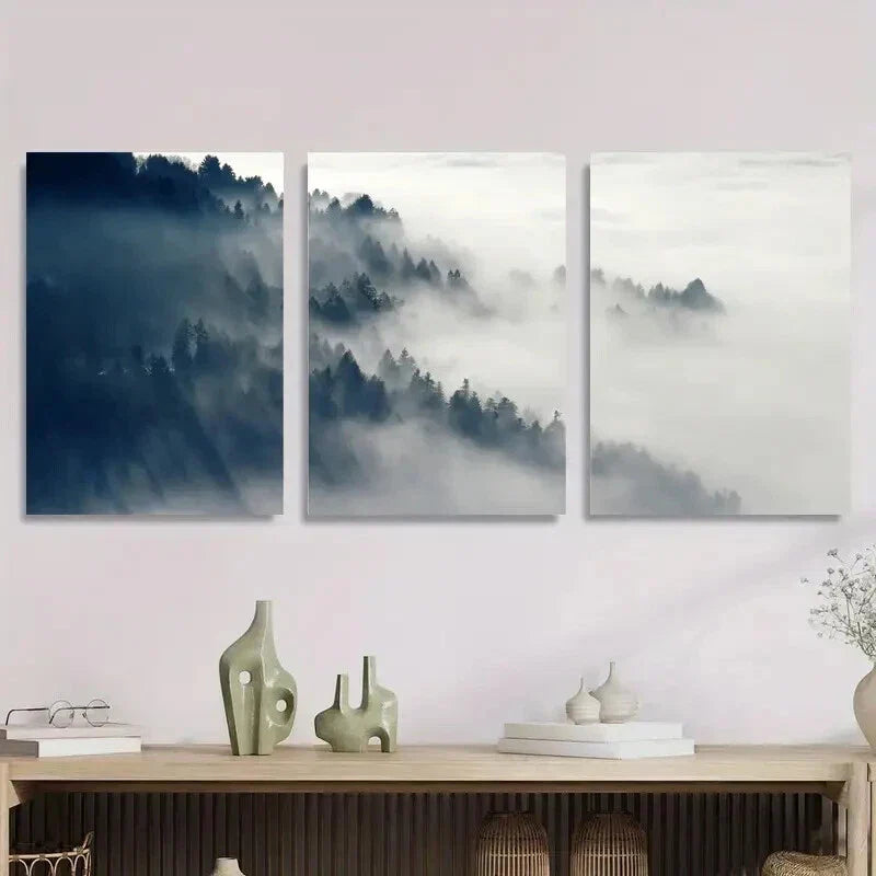 3pcs Serene Foggy Forest and Sky Metal Print Ready to Hang Art