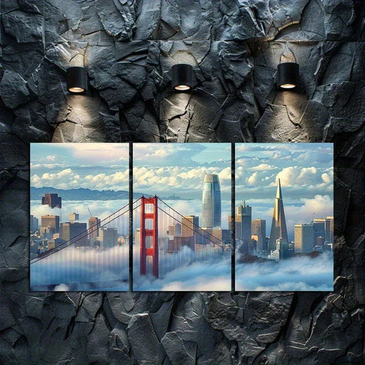 3pcs Blue Sky White Clouds Big Buildings Metal Print Ready to Hang Art