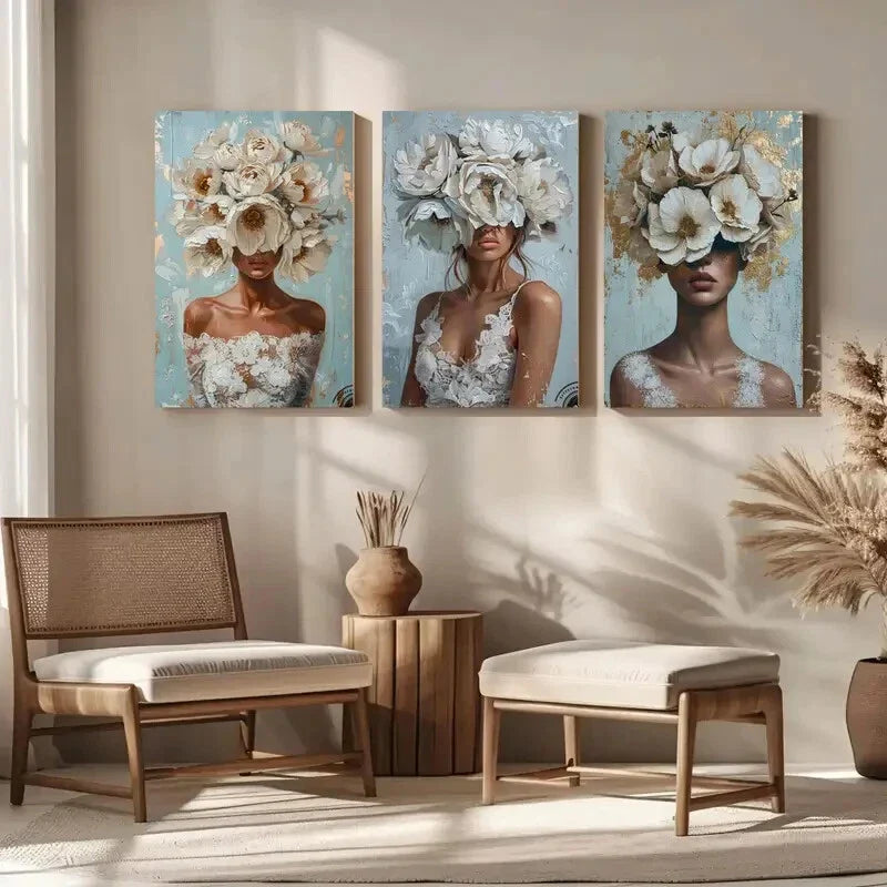 3pcs Roses & Headscape Modern Artistic Metal Print Ready to Hang Art