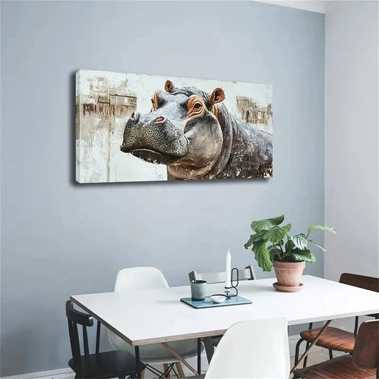 Majestic Hippo Minimalist Wall Art Canvas Office Home Room Framed 120x60cm