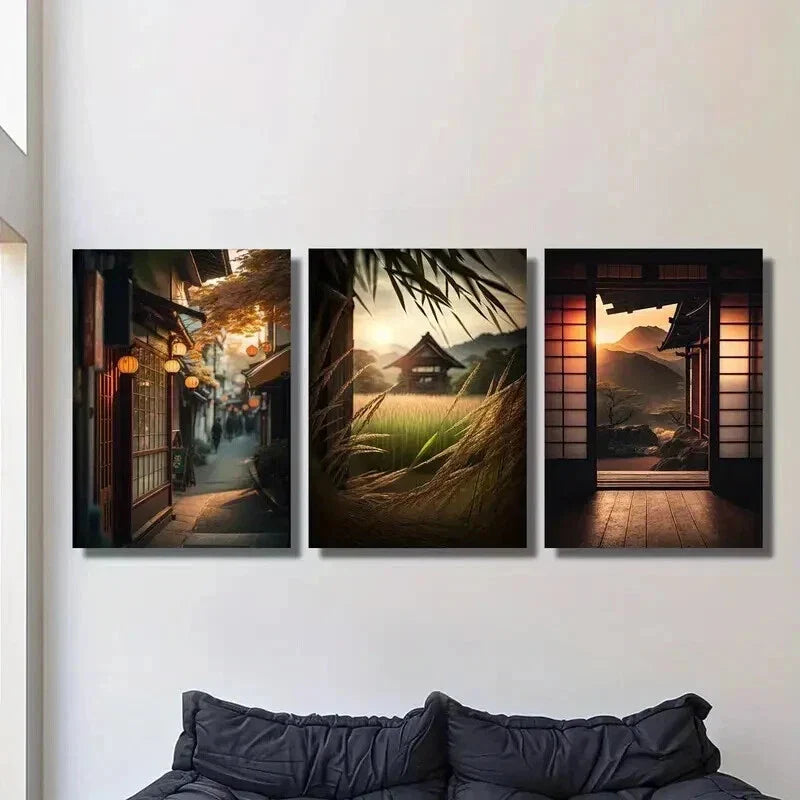3pcs Japanese Classical Architecture at Sunset Wall Art Set Canvas Framed 40x60cm - High Quality Print 100% Australian Made Wall Canvas Ready to Hang