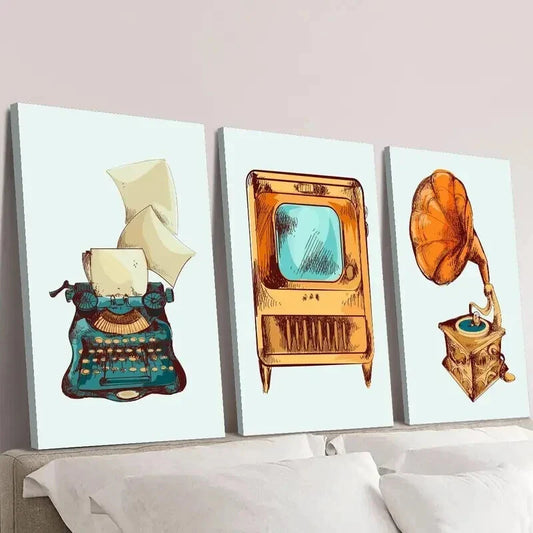 3pcs Old TV and Music Machine & Phonograph Wall Art Set Canvas Framed 40x60cm - High Quality Print 100% Australian Made Wall Canvas Ready to Hang