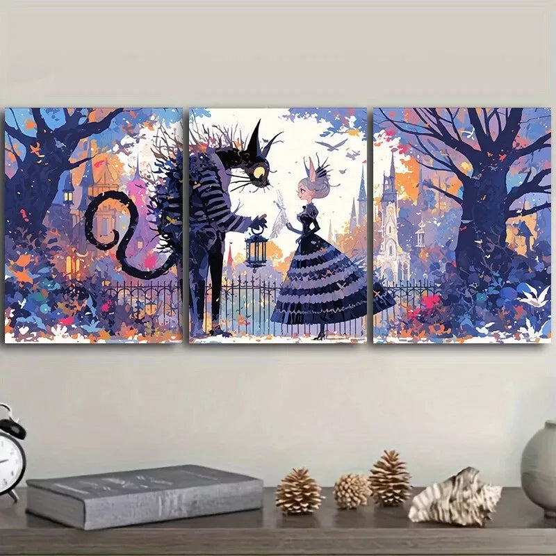 3pcss Whimsical Cat & Girl Design Strange Wall Art Set Canvas Framed 40x60cm - High Quality Print 100% Australian Made Wall Canvas Ready to Hang