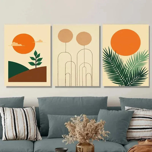 3pcs Modern Abstract Minimalist Sunset and Plant Metal Print Ready to Hang Art