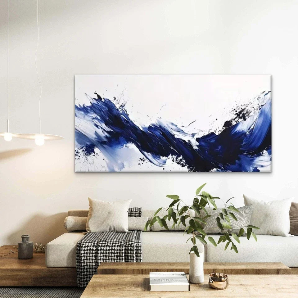 Dynamic Modern Blue Ink Wall Art Canvas Office Home Room Framed 80x45cm